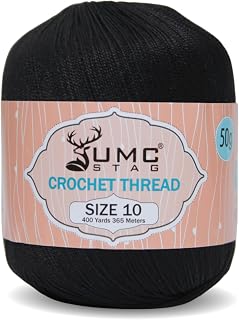 UMC STAG Size 10 Crochet Thread | 100% Combed Mercerized Cotton | Oeko-TEX Certified | 50g Ball 400 Yards | Ideal for Lace, Tatting &amp; Crochet Projects (Black, Size 10 Single)