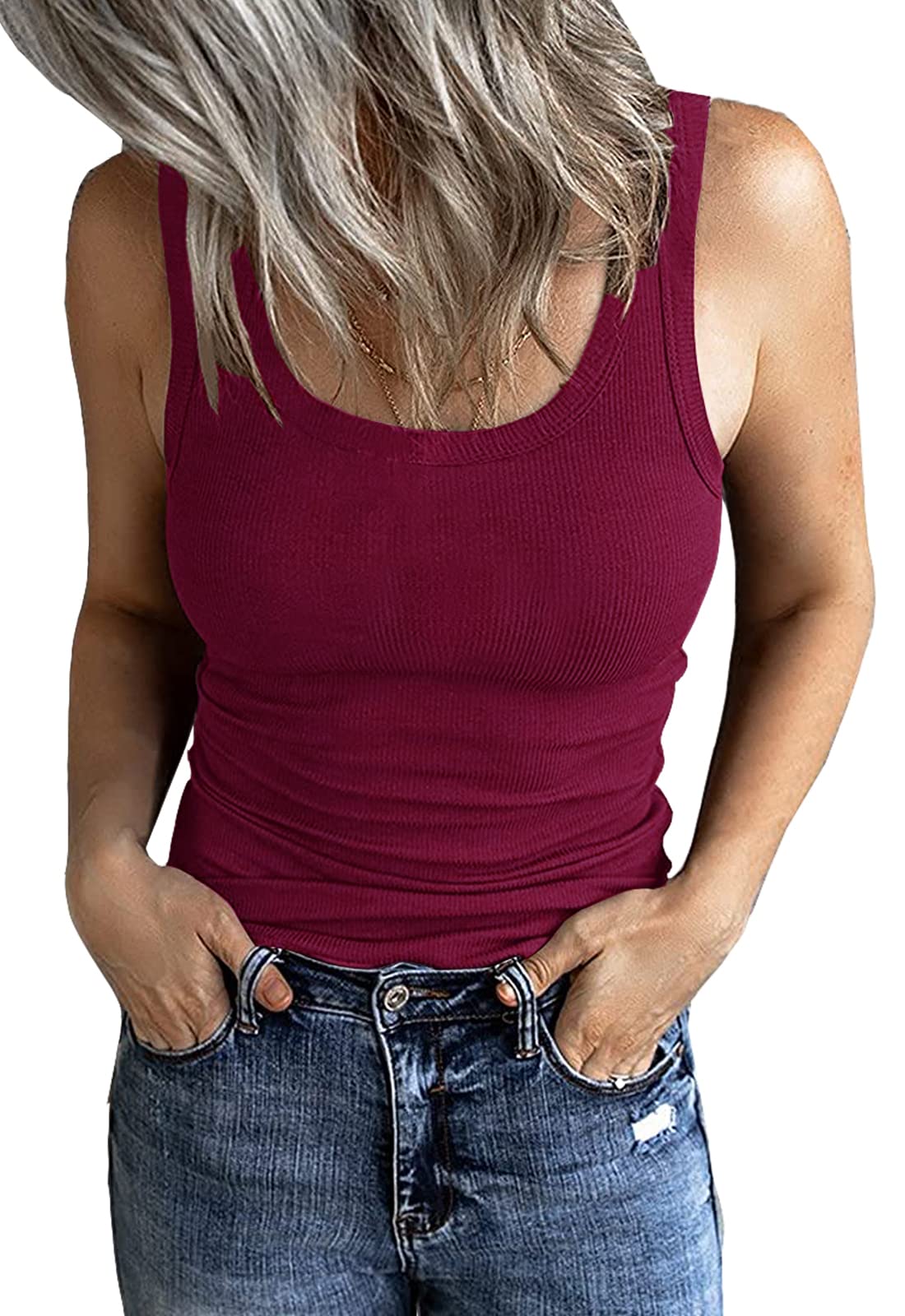 GEMBERA Women's Scoop Neck Sleeveless Ribbed Tank Tops