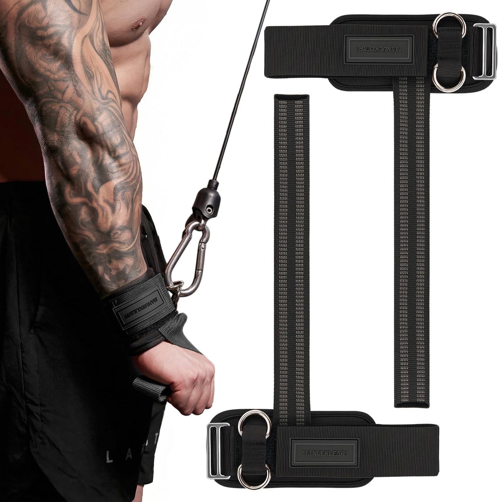 MANUEKLEAR 2 Size Gym Lifting Straps with D Rings for Cable Machine | Wrist Stra