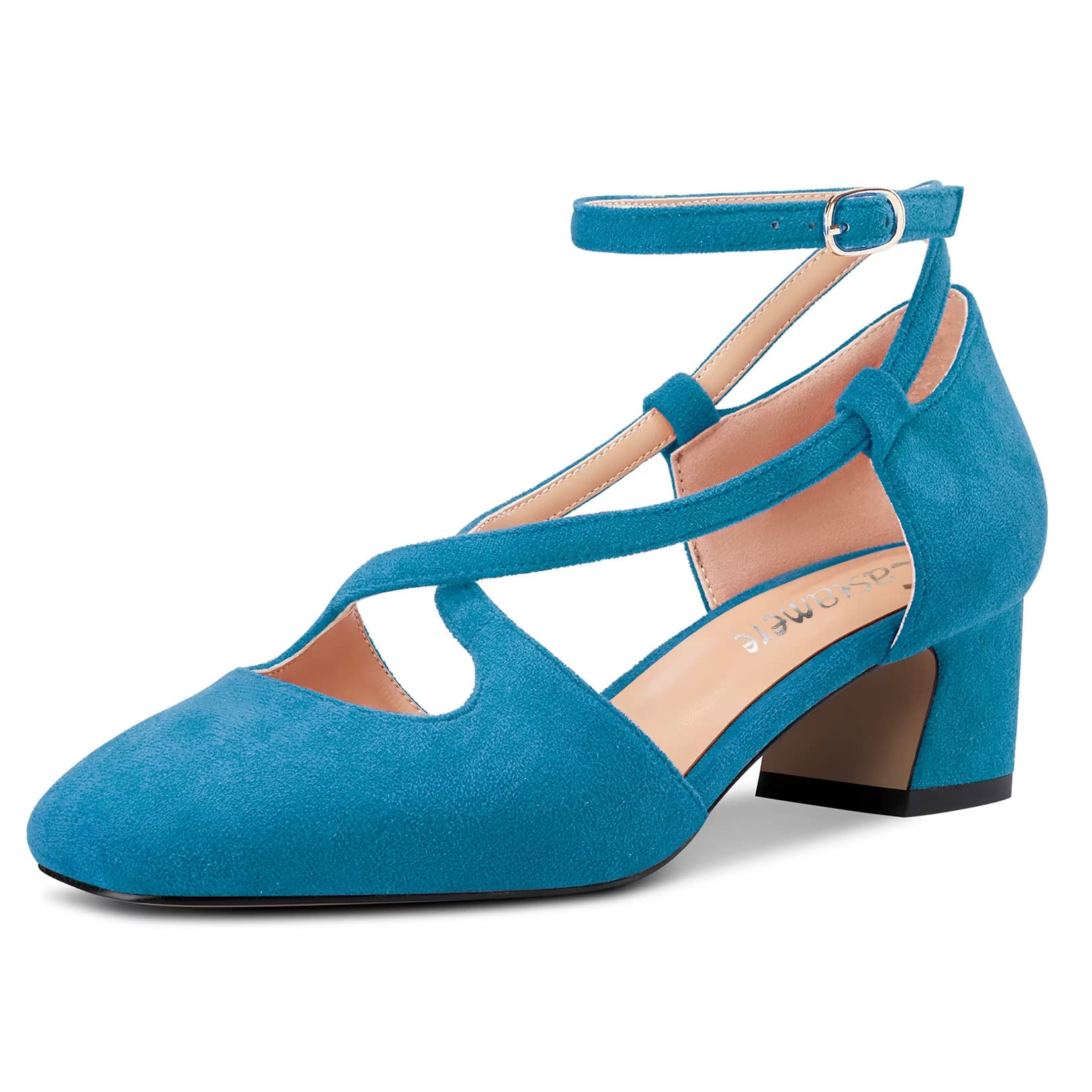 Castamere Women Medium Chunky Wide Heel Square Toe Cross Strap Pumps Party Cute 