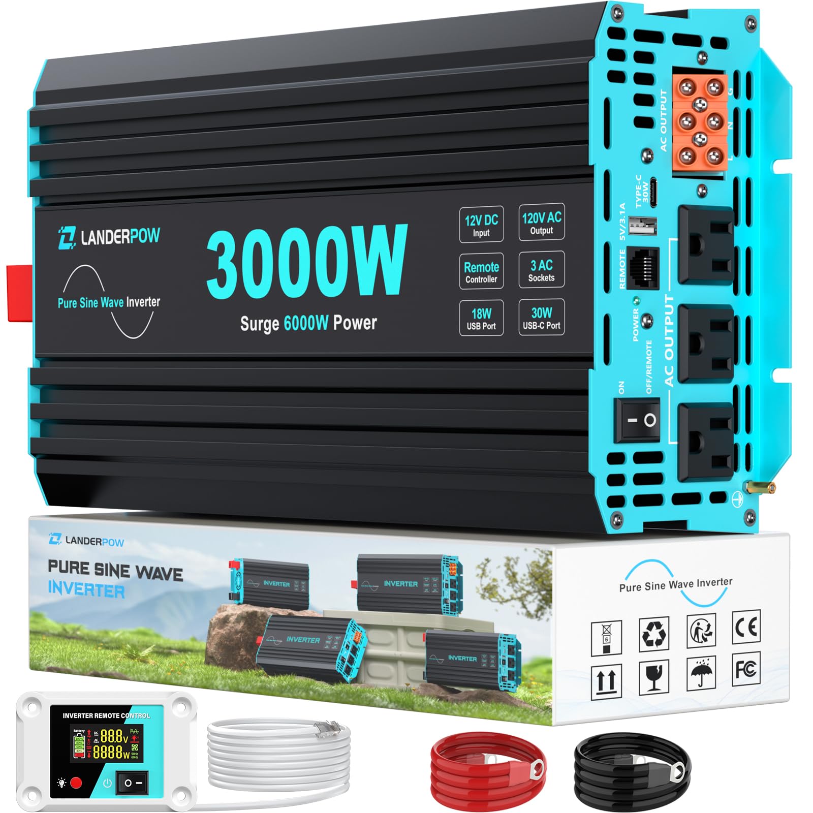 LANDERPOW 3000W Pure Sine Wave Inverter 12V DC to 120V AC 6000W Peak for RV | Po