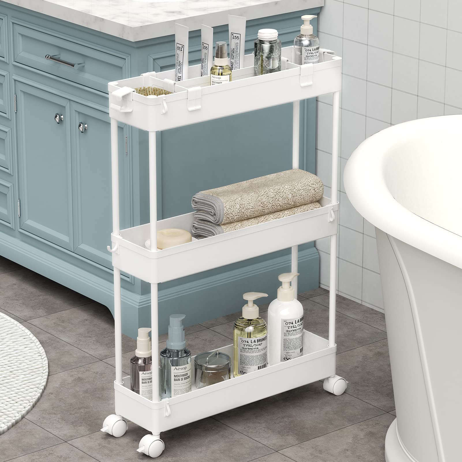 SPACELEAD Slim Storage Cart 3 Tier,Bathroom Organizer Rolling Utility, Mobile Sh