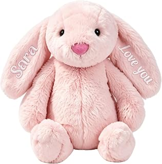 Personalized Baby Gifts, Plush Bunny Stuffed Animal Embroidered Kid Name | Handmade Rabbit Toy for Boy Girls, Custom Initials Shower Birthday Gift, Newborn Essential Baby Stuff Monogrammed