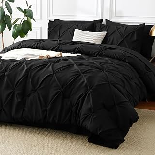 Queen Comforter Set Black, 7 Pieces Pintuck Bed in a Bag