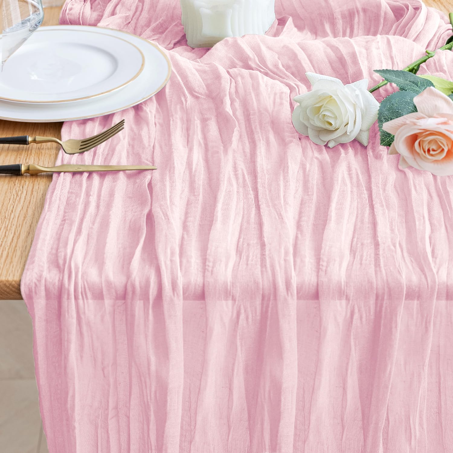 Wokceer Cheesecloth Table Runner Pink 10FT Boho Gauze Runner for Party | 120 Inc