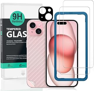 Ibywind 2 Pieces Screen Protector for Apple iPhone 15 5G 6.1 Inch + 1 Piece Camera Protection+1 Piece Carbon Fiber Back Protector, 9H Hardness Tempered Glass, Easy to Install