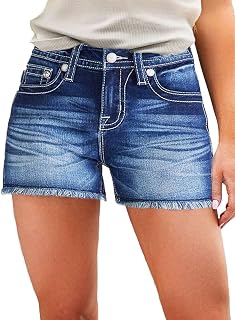 Flamingals Jean Shorts for Women Mid Waisted Stretchy Ripped Denim Shorts Raw Hem Curvy Summer Trendy