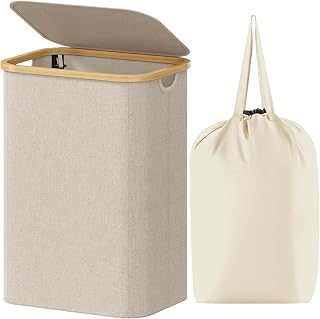 Lifewit 80L Laundry Basket with Lid, Foldable, Bamboo Handles, Beige