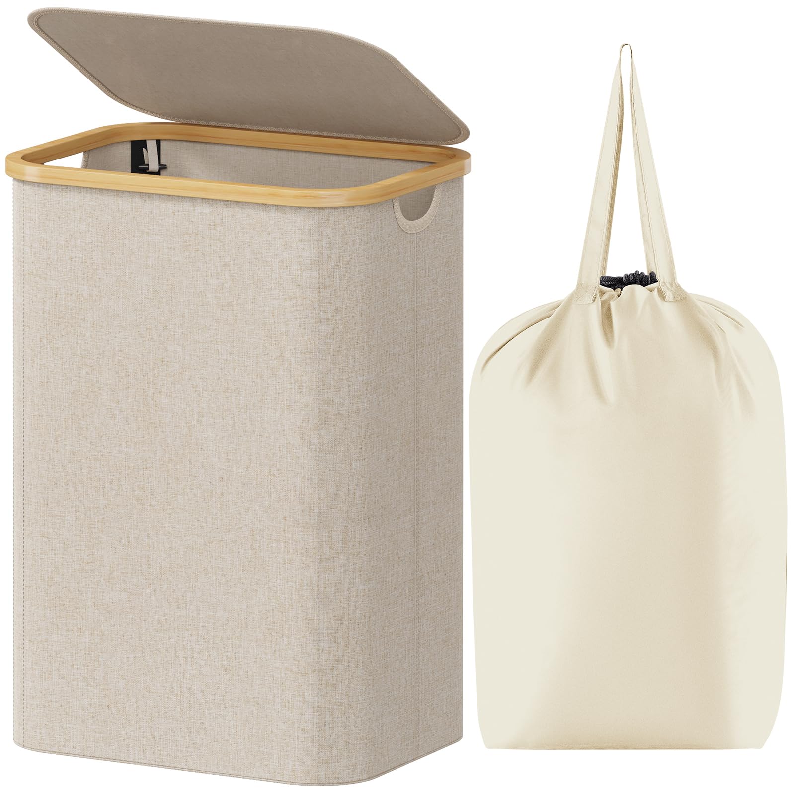 Lifewit 80L Laundry Basket with Lid, Foldable, Bamboo Handles, Beige