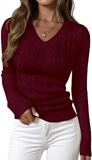PRETTYGARDEN Womens Cable Knit Fitted V Neck Sweaters Tops