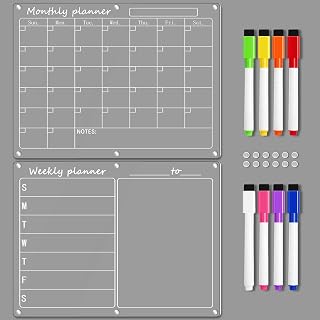 SWSKR 2 Pack Magnetic Calendar for Refridgerators 11"x15" | Clear Fridge Calendar Dry Erase Magnetic Planning Boards Set for Refrigerator with 8 Colorful Highlight Markers