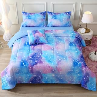 JQinHome Queen Gradient Galaxy Comforter Set for Girls,6 Piece Bed in A Bag 3D Colorful Tie Dye Constellation Print Ombre (1 Comforter,2 Pillowcases,1 Flat Sheet,1 Fitted Sheet,1 Cushion Cover)(Blue)