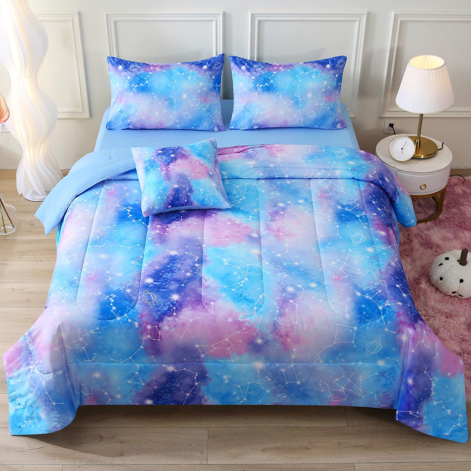 JQinHome Queen Gradient Galaxy Comforter Set for Girls,6 Piece Bed in A Bag 3D C