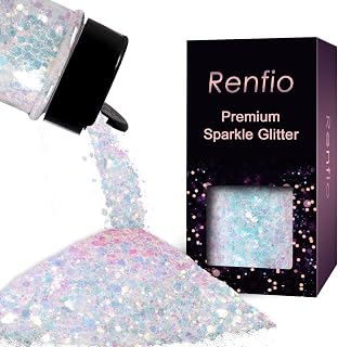 Renfio Iridescent Chunky Glitter Colorful White for Snowglobe Tumbler | 1.76oz/50g PET Flake Mixed Fine Powder for Snowglobe Tumbler,Craft,Epoxy Resin,Festival Decor,Nail,Slime