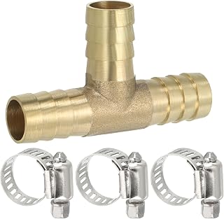 PATIKIL Brass Tee Hose Barb Fitting 1/2" 3 Ways Golden | Union Intersection T Shape Barbed Split with Clamps for Air Water Fuel Gas Liquid