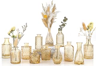 UPBUD Amber Gold Glass Bud Vases Set of 12, Small Vases for Flowers | Mini Bud Vases in Bulk for Wedding Decorations, Vintage Vase for Table, Recepetion, Home Décor