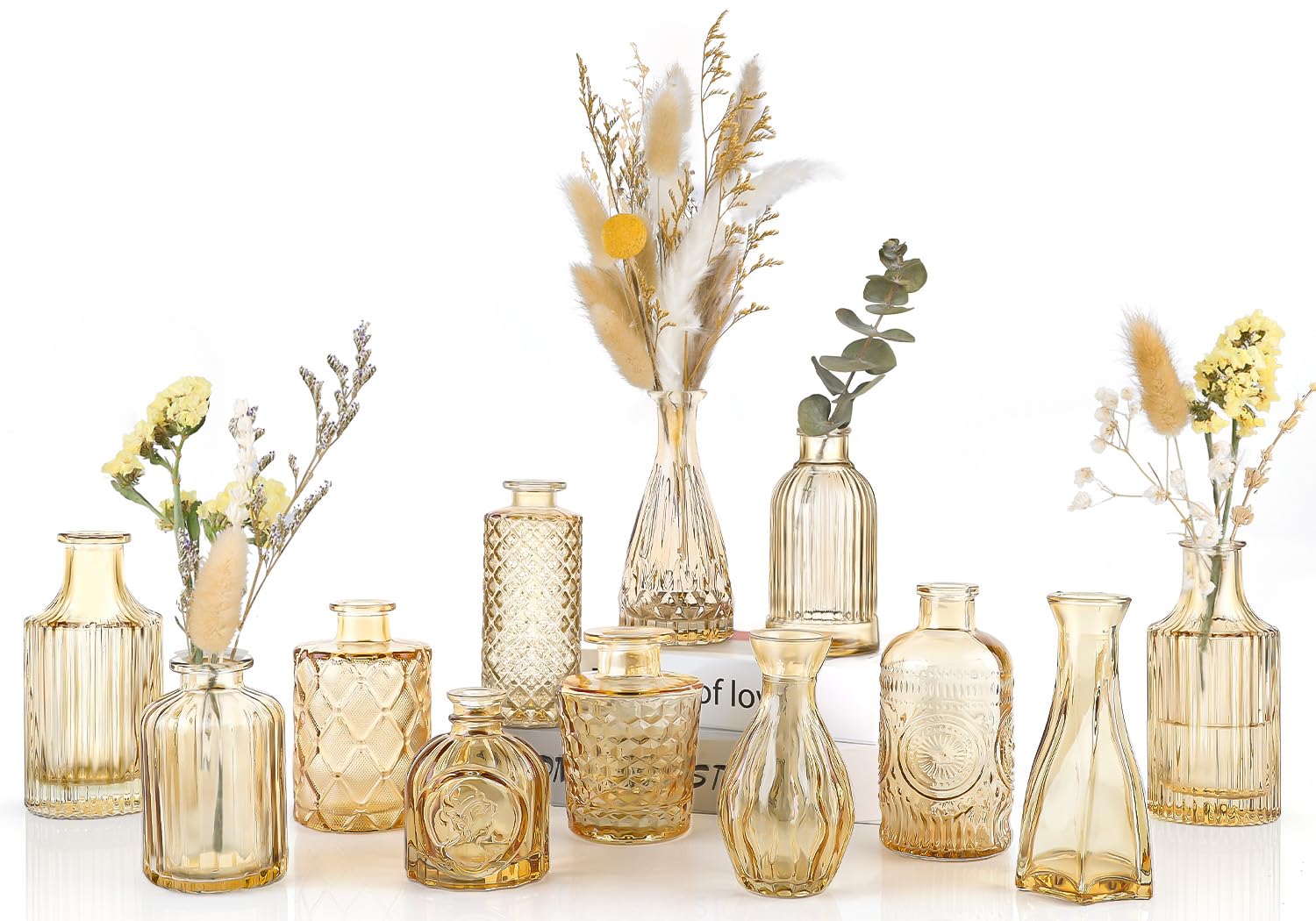 UPBUD Amber Gold Glass Bud Vases Set of 12, Small Vases for Flowers | Mini Bud V