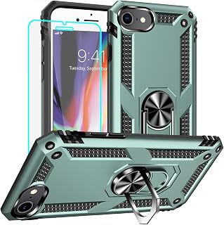 Yiakeng iPhone 8 Case, iPhone 7 Case, iPhone SE 2020/2022 Case with Screen Protector, Military Grade Protective Cases with Ring for iPhone 8/7/SE 2020 (Dark Green)