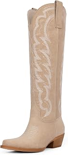 Modatope Cowboy Boots for Women Knee High Chunky Heel Butterfly Cowgirl Boots Wide Calf Pointed Toe Chunky Heel Fashion Western Boot