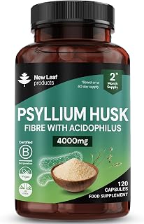 New Leaf Psyllium Husk 4000mg Fibre Supplement 120 Capsules | High Strength Soluble Fibre Capsules, with Acidophilus, from Plantago Ovata Seed Husks, Vegan, UK Made
