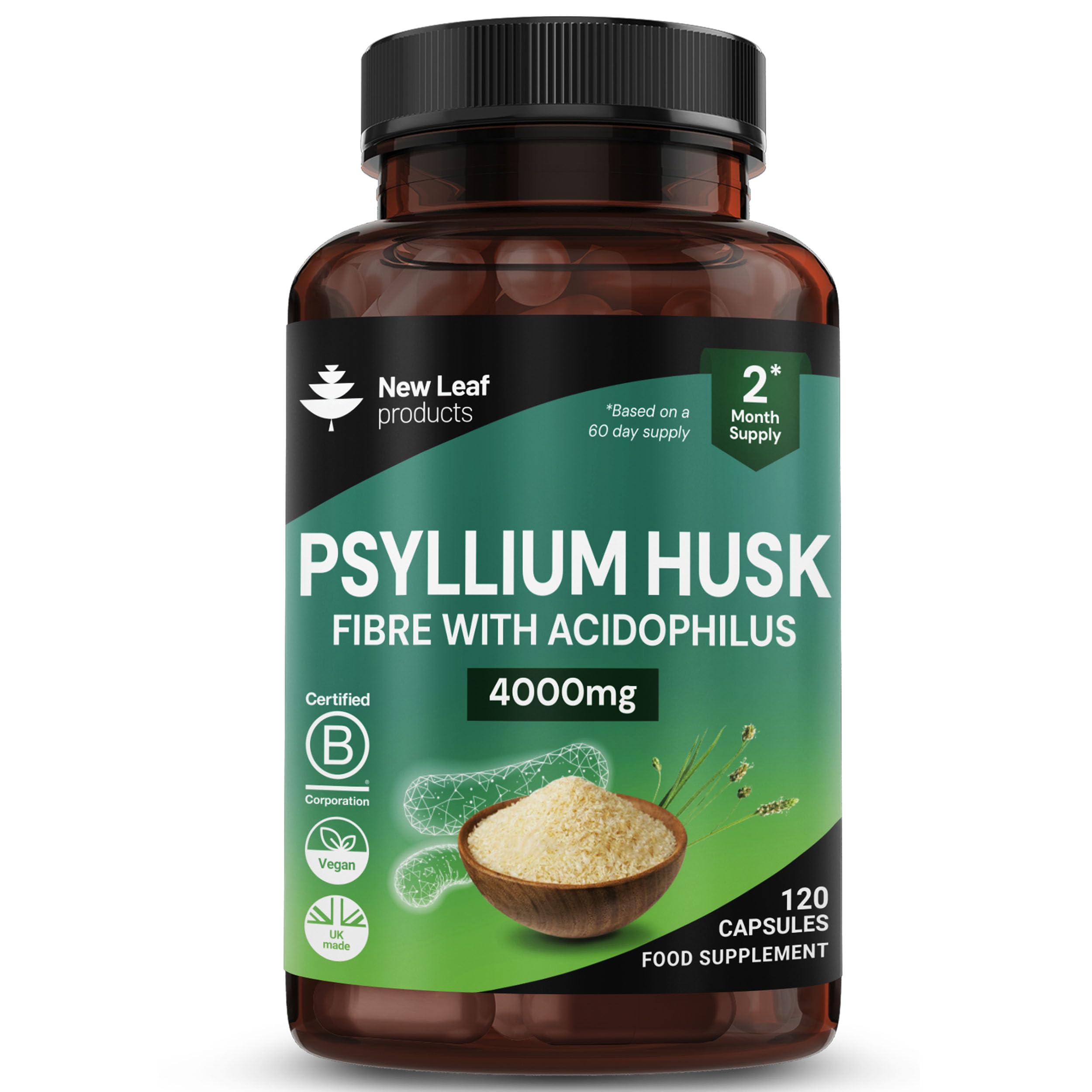 New Leaf Psyllium Husk 4000mg Fibre Supplement 120 Capsules | High Strength Solu