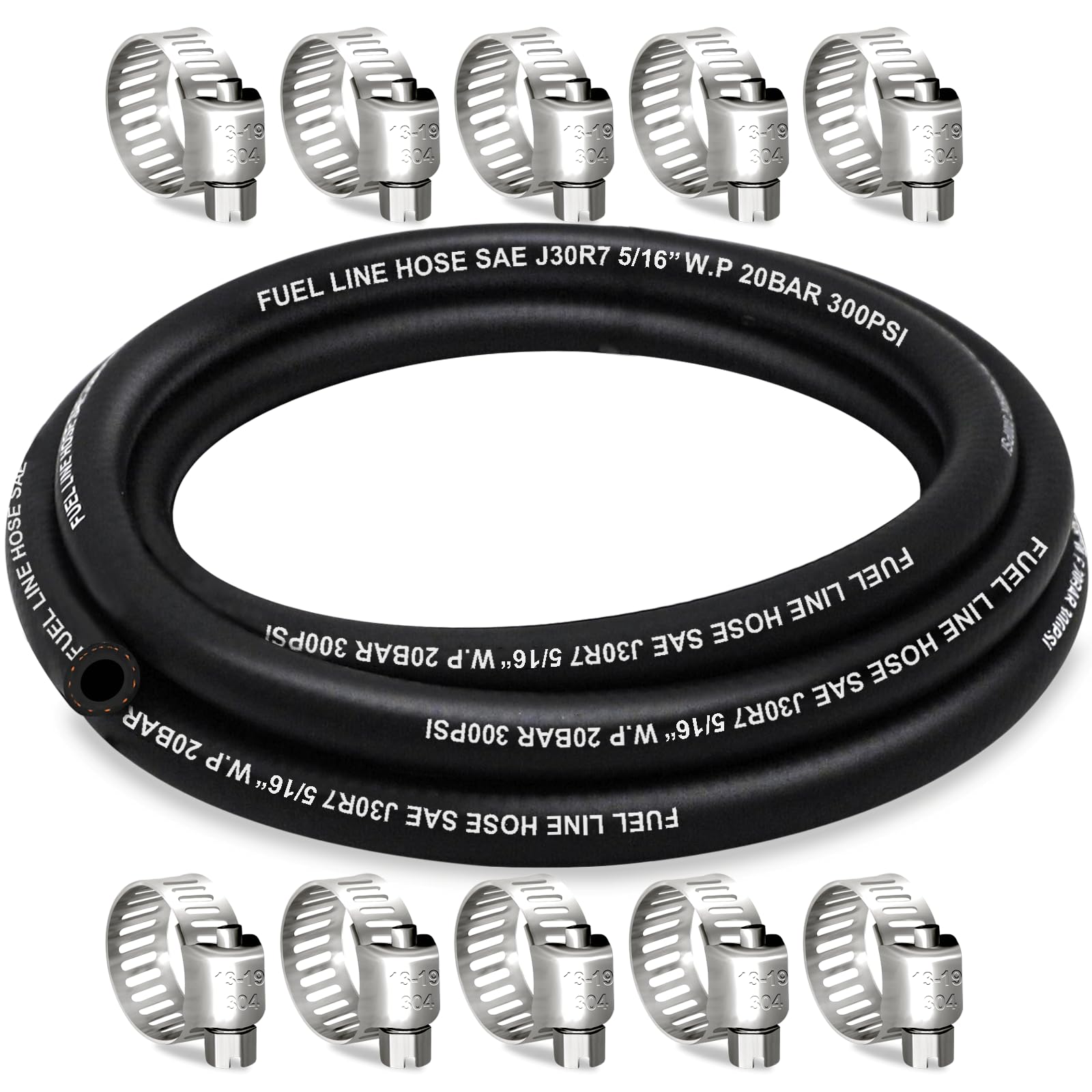 HOUSUN Fuel Line Hose 5/16 Inch ID, 10FT 300PSI Fuel Hose, with 10 Clamps | NBR 