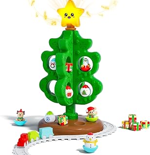 My First Christmas Tree Birthday Xmas Gifts for Little Kids | Musical Light Up Montessori Christmas Decoration Toy with Ornaments, Mini Train Set, Roly Poly Toys, Finger Puppets