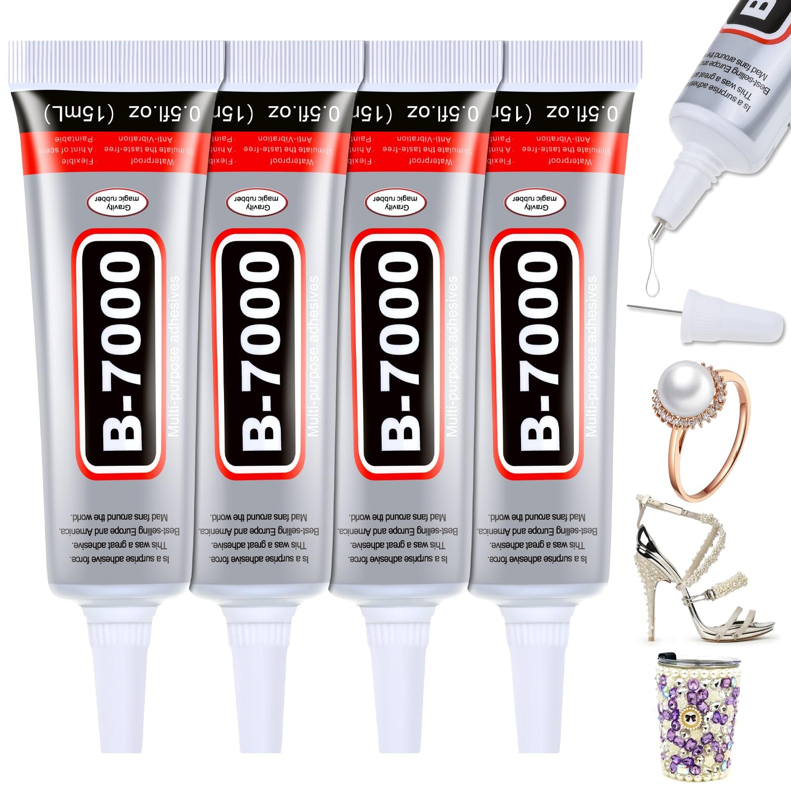B7000 Glue Clear for Rhinestones, 4pcs 15mL Strong Adhesive B-7000 Jewelry Bead 