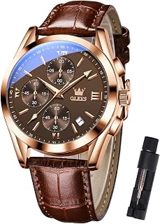 OLEVS Mens Waterproof Chronograph Leather Band Quartz Multifunction Dial Date Luminous Business Watch for Men