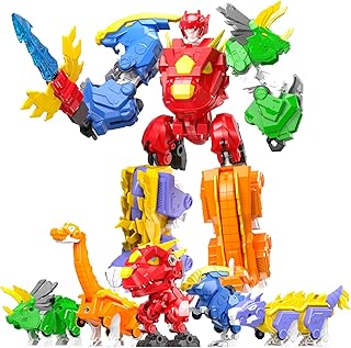 RISUNTOY 6+ Kids 5-in-1 Dinosaur Transforming Robot Toy - Safe, Durable, Easy Assembly | Educational Gift for Boys & Girls - Build & Combine into Mega Robot with Weapon