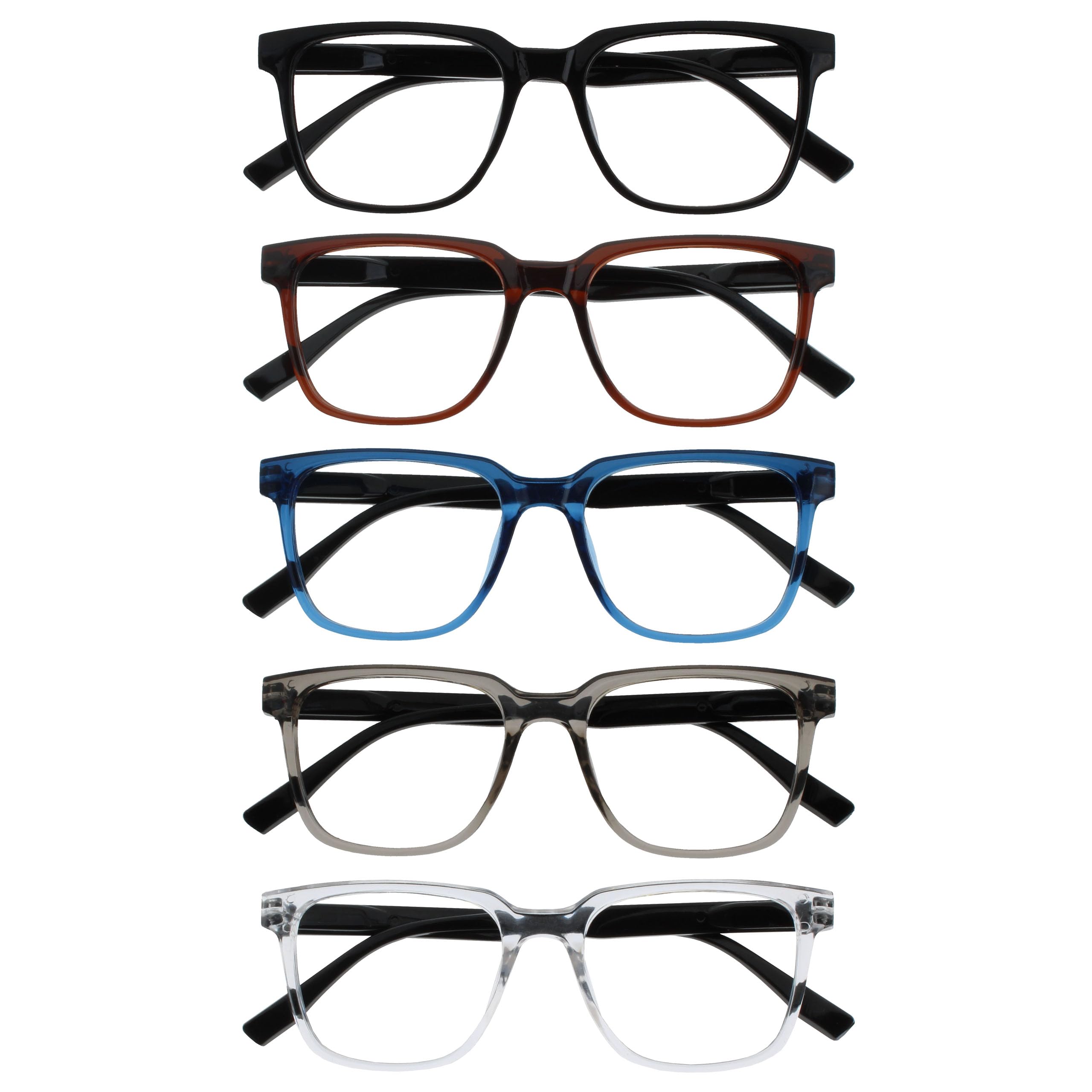 OPULIZE LEO Reading Glasses - Rectangular Frame, 5 Pack - Black/Brown/Blue/Grey/