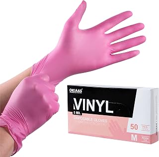 OKIAAS Pink Gloves M|Latex-Free Vinyl Gloves for Household, Food Handling, Lab Work and More|Medium,50 Counts/Box