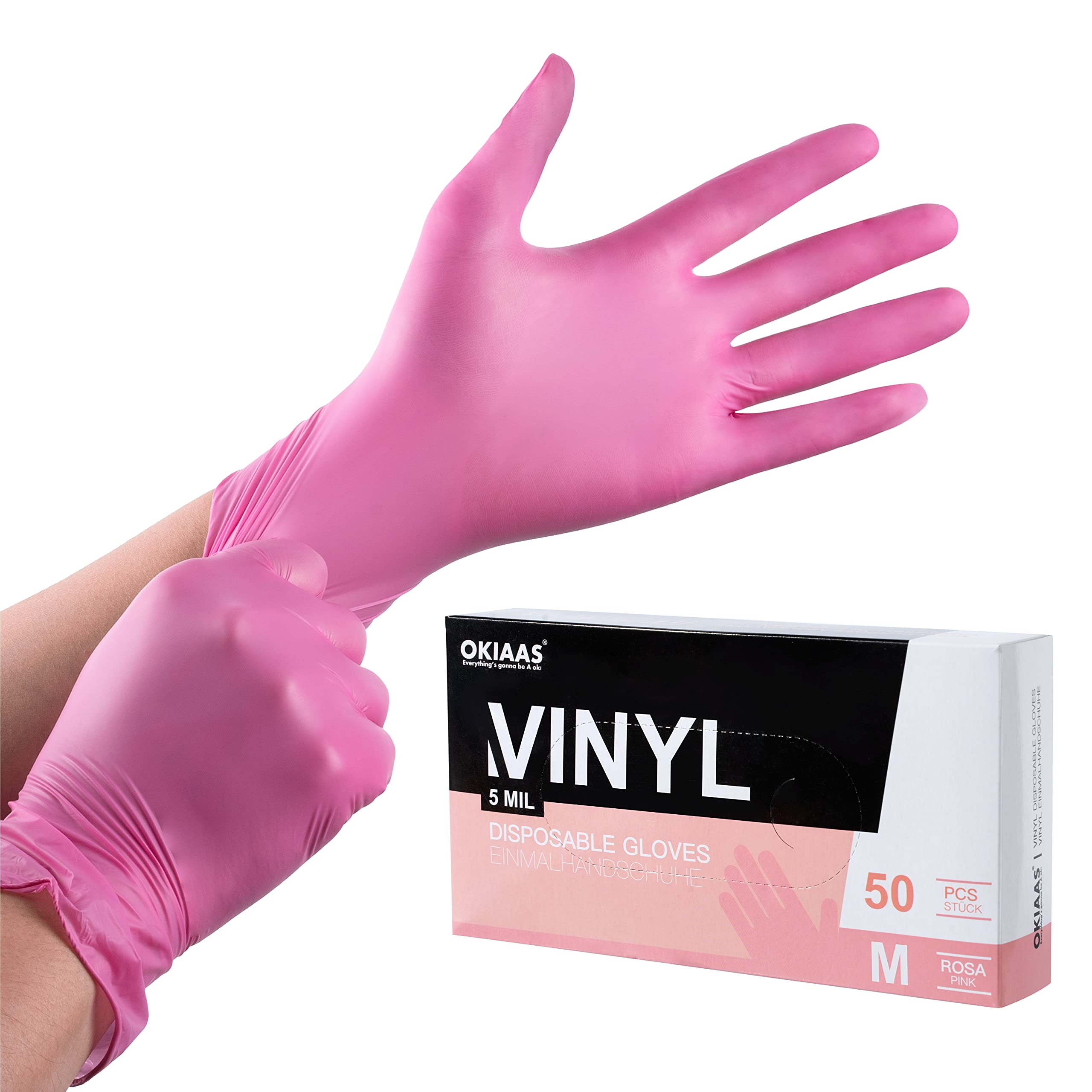 OKIAAS Pink Gloves M|Latex-Free Vinyl Gloves for Household, Food Handling, Lab W