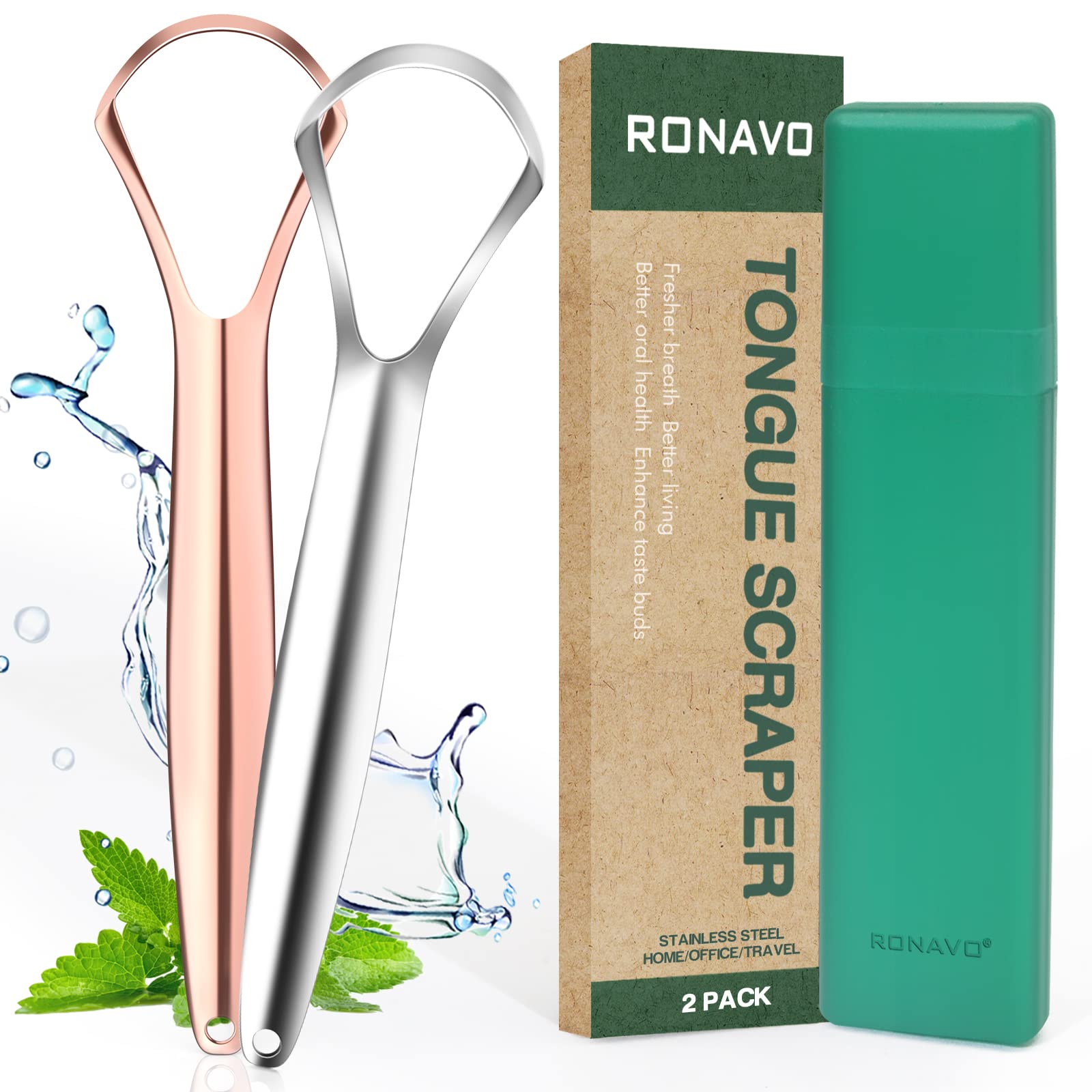 RONAVO Tongue Scraper for Adults, Two Colors Designed for Couples, Cure Bad Brea