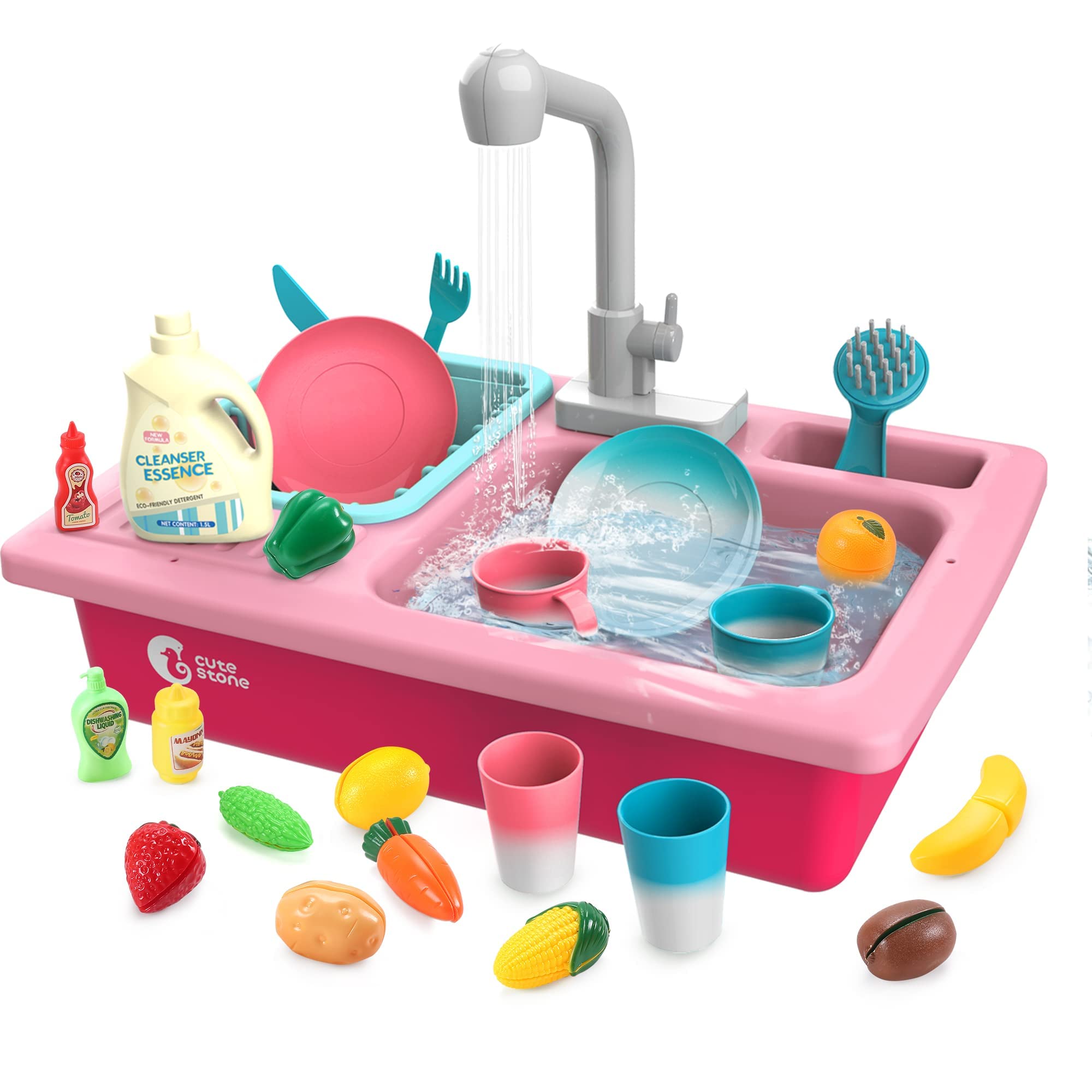 CUTE STONE Color Changing Play Kitchen Sink Toys, Children Electric Dishwasher P