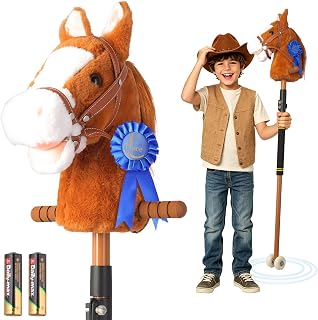 Greeily Hobby Horse on a Stick, 30" to 50" Stick Horse for Cowboys Plush Handcrafted Hobby Horse Stick Toy Real Pony Galloping Sounds Sturdy Stainless Steel Pole Lighting Wheels Sponge Grip