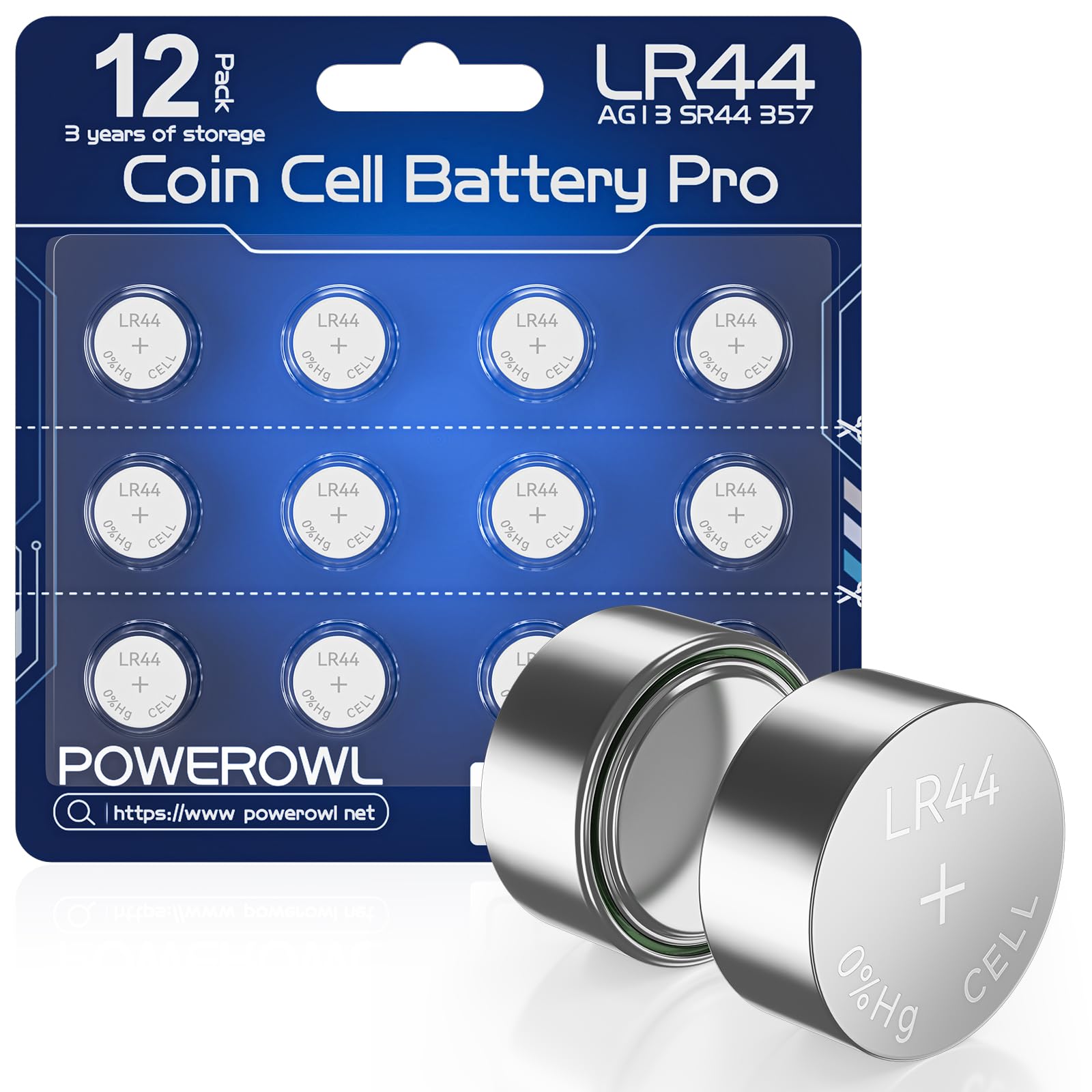 POWEROWL 12-Pack AG13/LR44 Alkaline Coin Batteries for Watches (Blue) | Long-Las