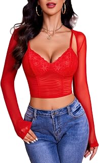 Avidlove Mesh Crop Top with Long Sleeve Bolero Top Sexy Sheer Top Low Cut 2 Pieces