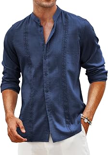 Coofandy Cuban Men's Shirts Guayabera Casual Long Sleeve Button Shirts Bandeau Collar Shirts Summer Beach Linen Shirts