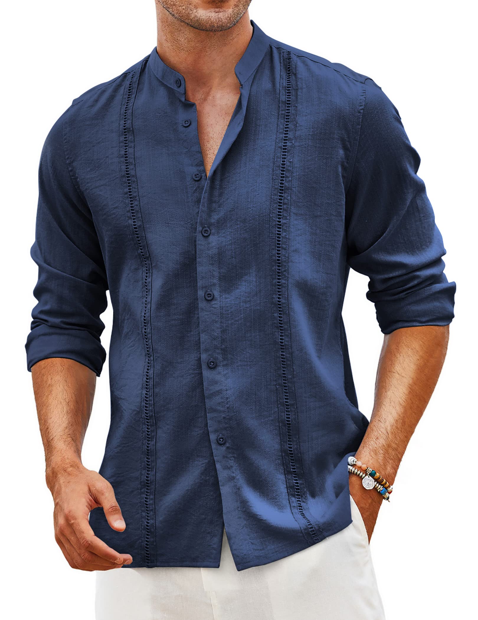 Coofandy Cuban Men's Shirts Guayabera Casual Long Sleeve Button Shirts Bandeau C