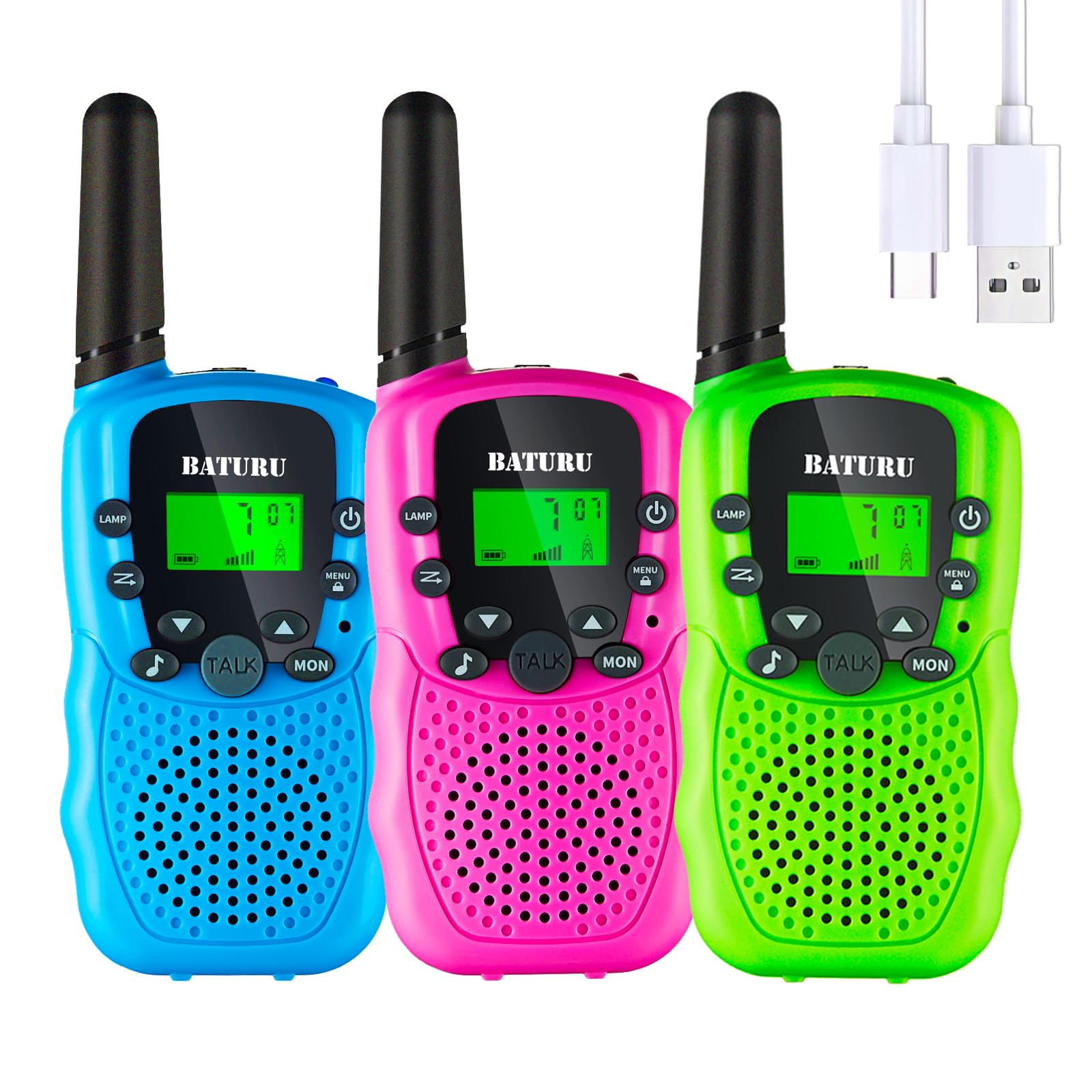 BATURU Rechargeable Walkie Talkies for Kids 3 Pack, 3-Mile Long Range | 2000mAh 