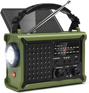 Emergency Radio with Hand Crank & Solar, AM/FM Weather Band, 12000mAh | 8500mm² Solar Panel, 57mm Speaker, 5W Flashlight, SOS, USB Phone Charger for Camping, RV, Cottage & Emergency Kit