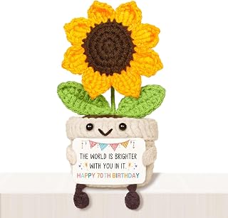 AceThrills 70th Birthday Gifts for Women Men- Handmade Positive Sunflower Crochet with Card - 70 Year Old Birthday Gift for Mom Grandma Auntie Gigi Mimi Nana, Happy 70th Gift Ideas