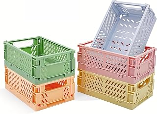 5 Pack Small Pastel Plastic Storage Baskets, Foldable Crates for Organization, Space-Saving Mini Bins for Classroom, Kitchen, Office, Bedroom