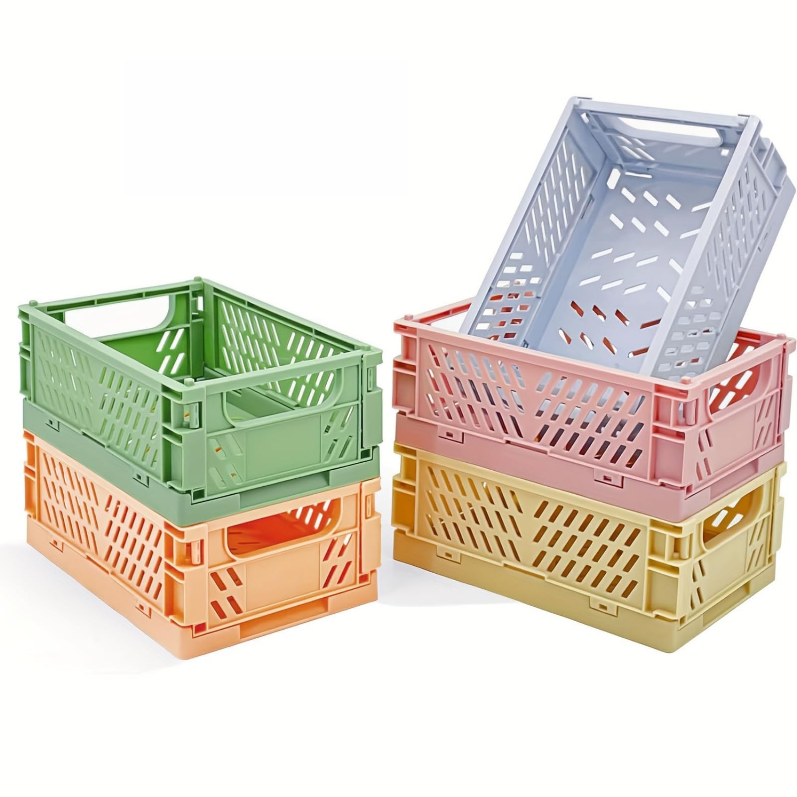 5 Pack Small Pastel Plastic Storage Baskets, Foldable Crates for Organization, S