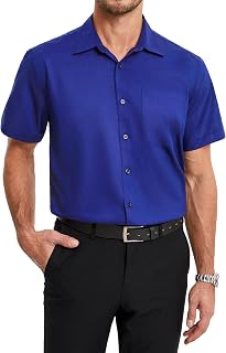 HISDERN Men's Short-Sleeved Summer Bamboo Fibre Shirt with Buttons and Pockets