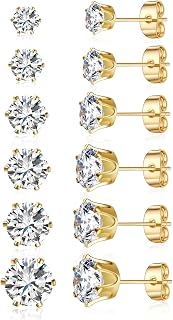Gemsme 5 Pairs Princess Cut Cubic Zirconia Stud Earrings for Women/Men - 18K Gold Plated Hypoallergenic 3-7mm Square Clear CZ Earring Set