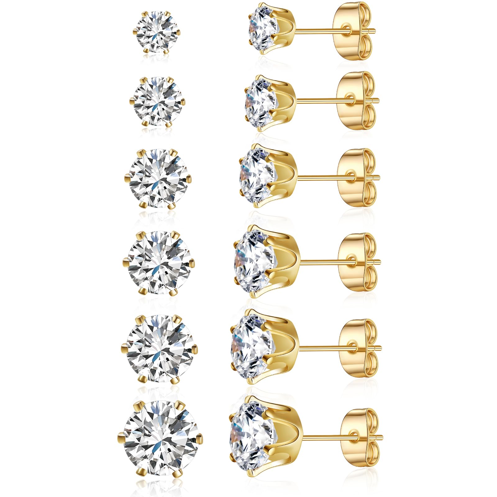 Gemsme 5 Pairs Princess Cut Cubic Zirconia Stud Earrings for Women/Men - 18K Gol