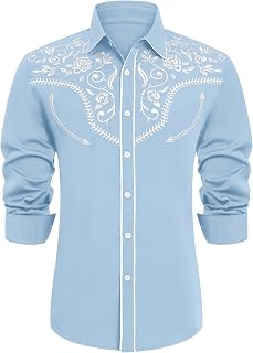 Men's Western Cowboy Shirt Embroidered Long Sleeve Button Down Shirt