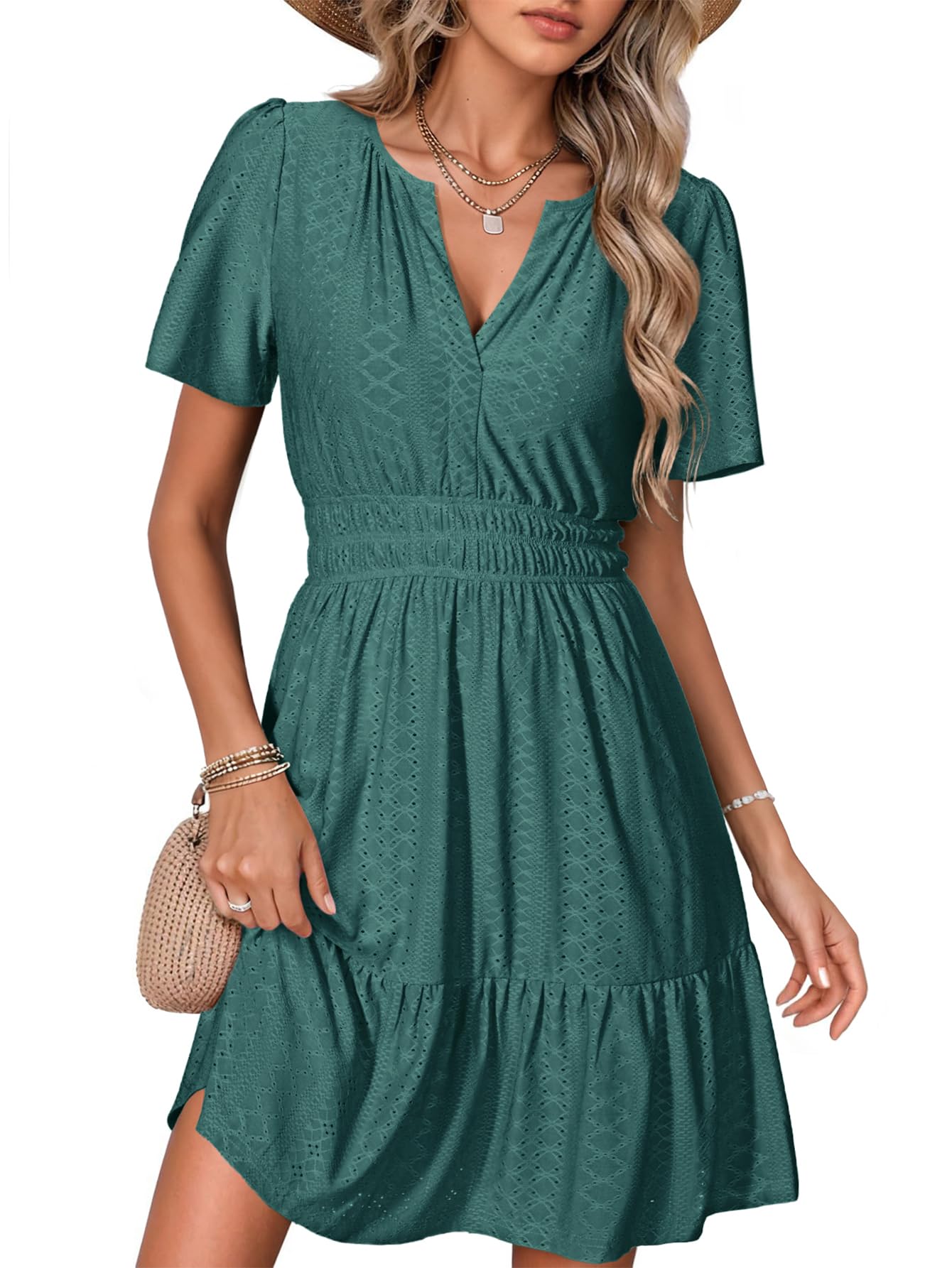 Simplee Womens 2026 Summer Mini Dress Eyelet Short Sleeve Cocktail Short Dresses